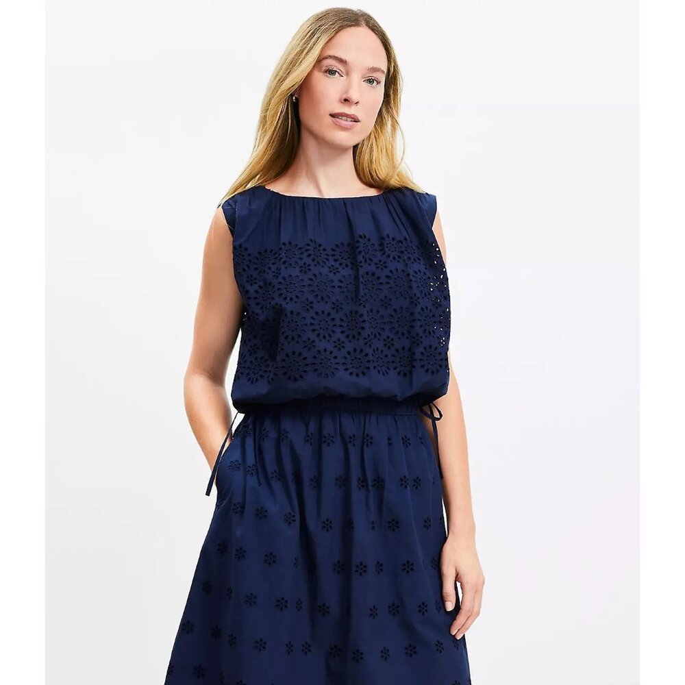Ann Taylor LOFT Eyelet Side Tie Pleated Bubble Top S - Picture 2 of 3